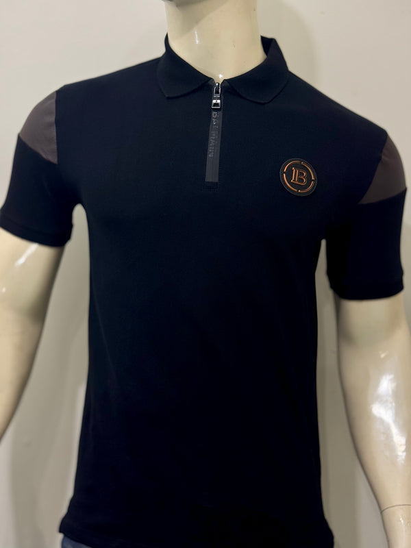 BALMAIN SLIM FIT ZIP FASTENING WITH LEATHER PATCH POLO SHIRT